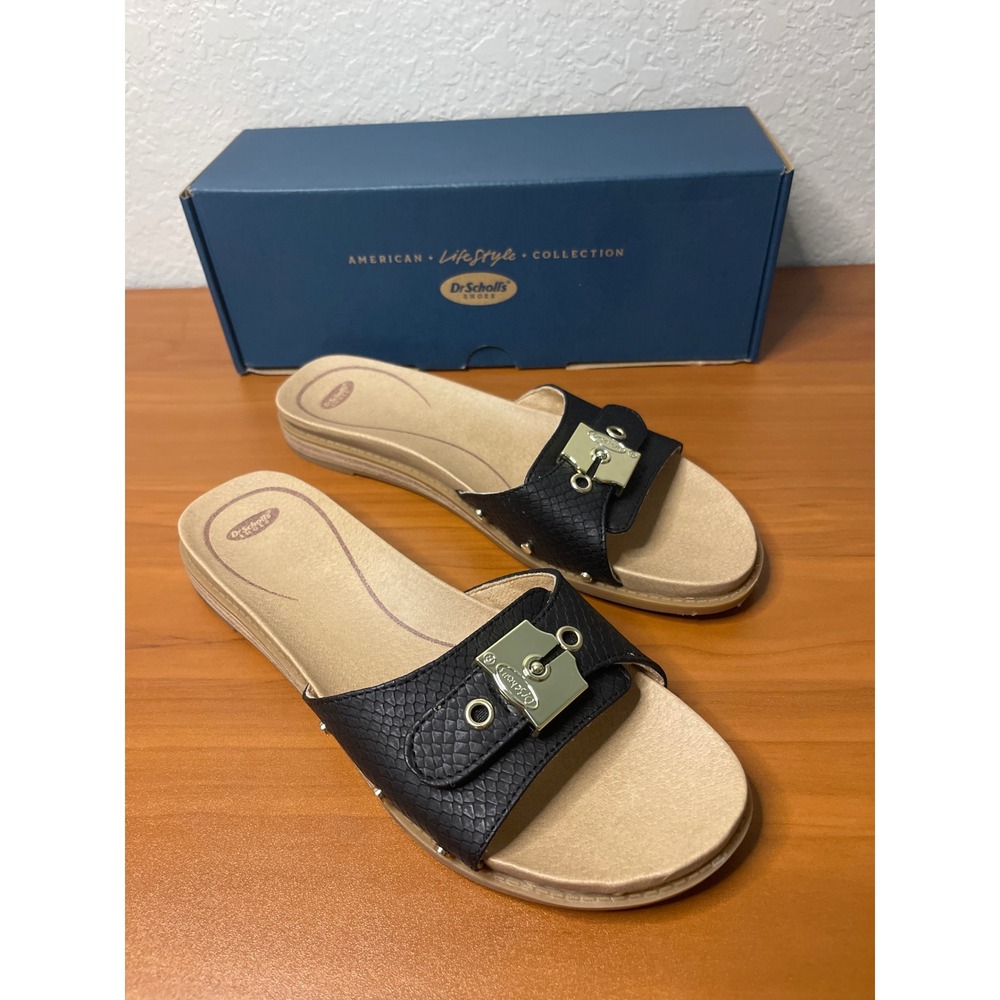 Dr. Scholls 9M Originalist Black Snakeskin Embossed Slide Sandals Gold Buckle - Picture 2 of 7